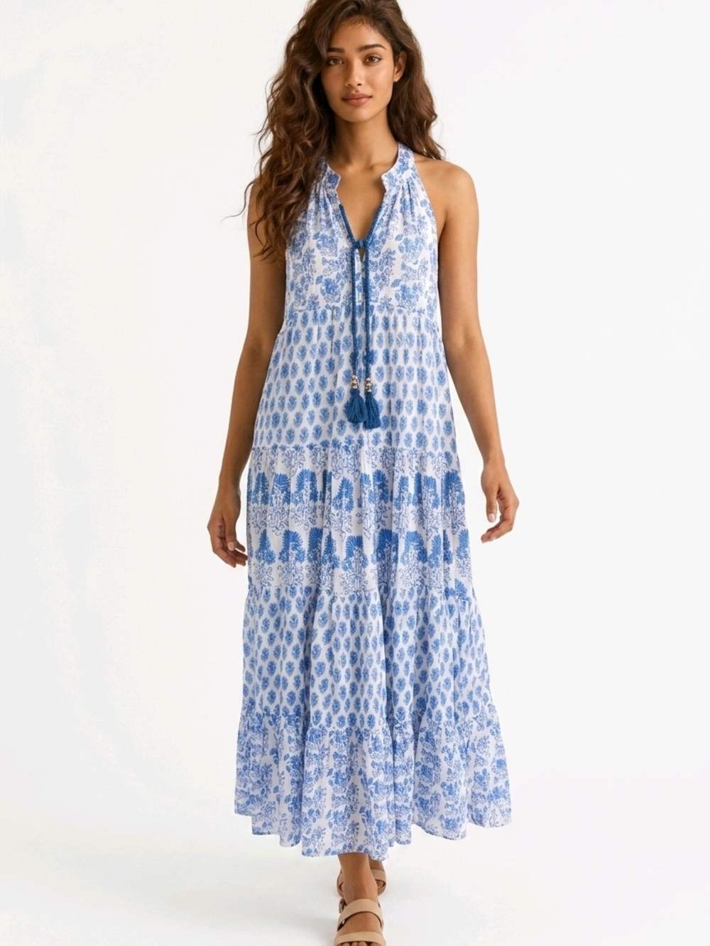 Calypso Blue & White Boho Printed Maxi Dress Sleeveless Tiered Size Small - Picture 3 of 14